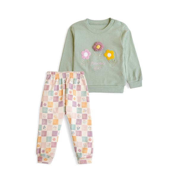 2Pcs Floral Print Long Sleeves Crew Neck