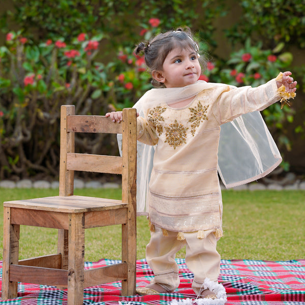 Adorable Cream Embroidered Kurta For Girls